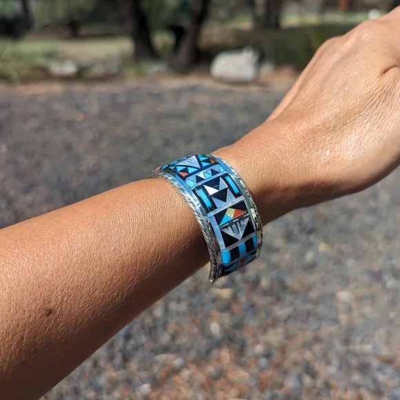 Native American Handmade Cuff‎ Bracelet Zuni Inlay Sterling Silver sz7US *** - Picture 5 of 11